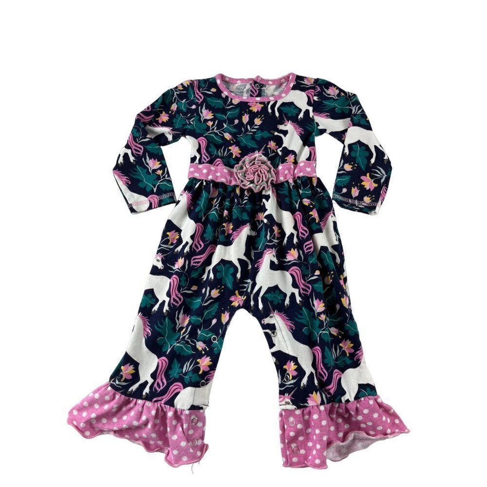 AnnLoren Sara Unicorn Polka Dot Flower One Piece Long Sleeve Romper 18-24 Months